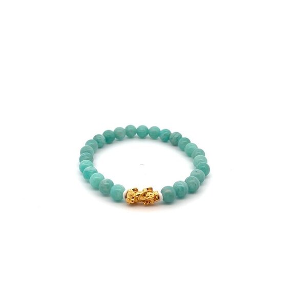 RAFANTHIA Jewelry - 18K Gold Pixiu Piyao Lucky Charm Bracelet Natural Amazonite Peru Gemstones 6mm